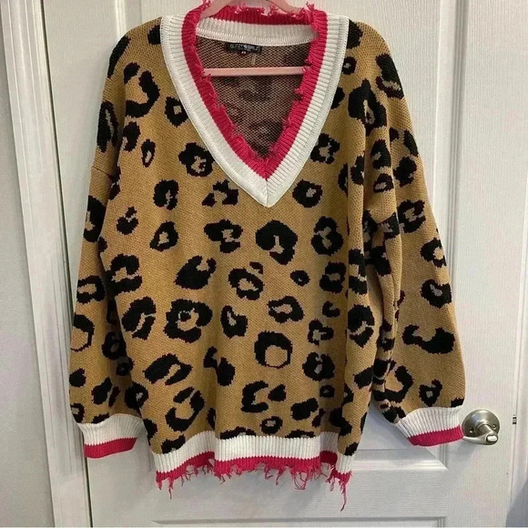 Glitzy Girlz Sweaters - Leopard V-Neck Sweater with Fringes